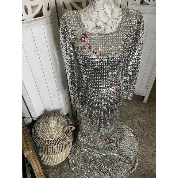 Vintage 60’s 70s Silver Sequin Mermaid Gown Dress Metallic Floral Glam Hollywood - Picture 2 of 12
